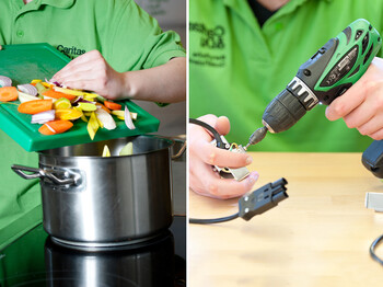 Gemüse in Kochtopf und Arbeiten mit Bohrmaschine