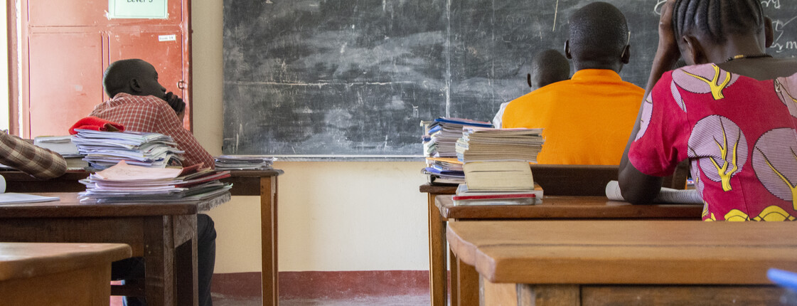Zu sehen ist der Rücken von Erwachsenen, die in einem Klassenzimmer sitzen und auf eine Tafel schauen.