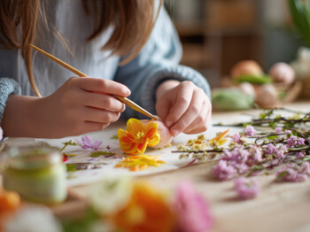 Hände gestalten mit Blüten und Pflanzen ein Kunstwerk aus Naturmaterialien.