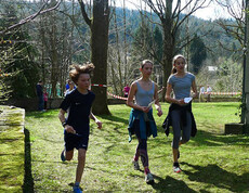 Zwei Mädchen und ein Junge laufen auf einer Wiese. Sie tragen eine Laufnummer in der Hand und tragen Sportbekleidung.