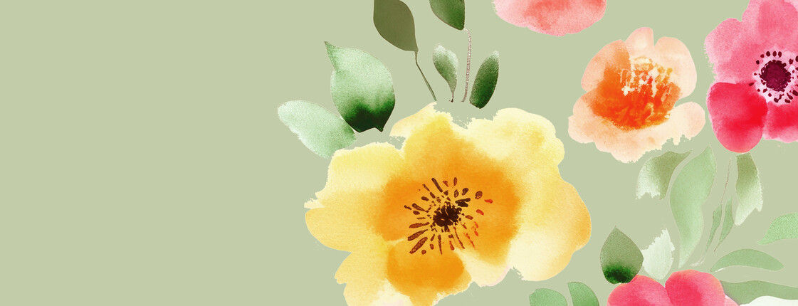 Gemalte einzelne Blumen in der rechten unteren Ecke des Bildes in gelb, Ros und Orange mit vereinzelt grünen Blättern auf hellgrünem pastelligem Hintergrund