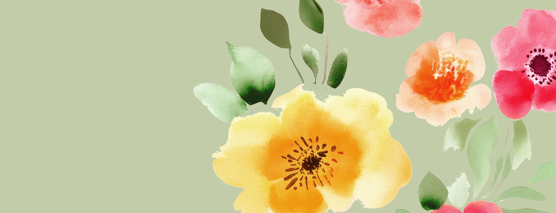 Gemalte einzelne Blumen in der rechten unteren Ecke des Bildes in gelb, Ros und Orange mit vereinzelt grünen Blättern auf hellgrünem pastelligem Hintergrund