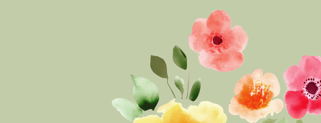 Gemalte einzelne Blumen in der rechten unteren Ecke des Bildes in gelb, Ros und Orange mit vereinzelt grünen Blättern auf hellgrünem pastelligem Hintergrund