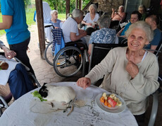 Mehrere Bewohner*innen sitzen im Gartenbereich und erleben Tiertherapie mit Meerschweinchen.