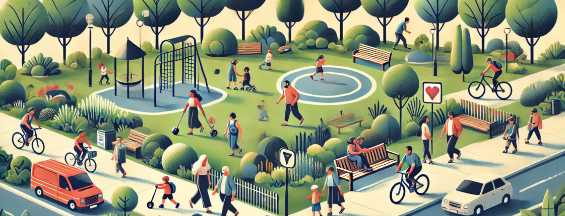 ein Bild, wo man unterschiedliche Menschen von jung und alt sieht, die in einer Stadt leben