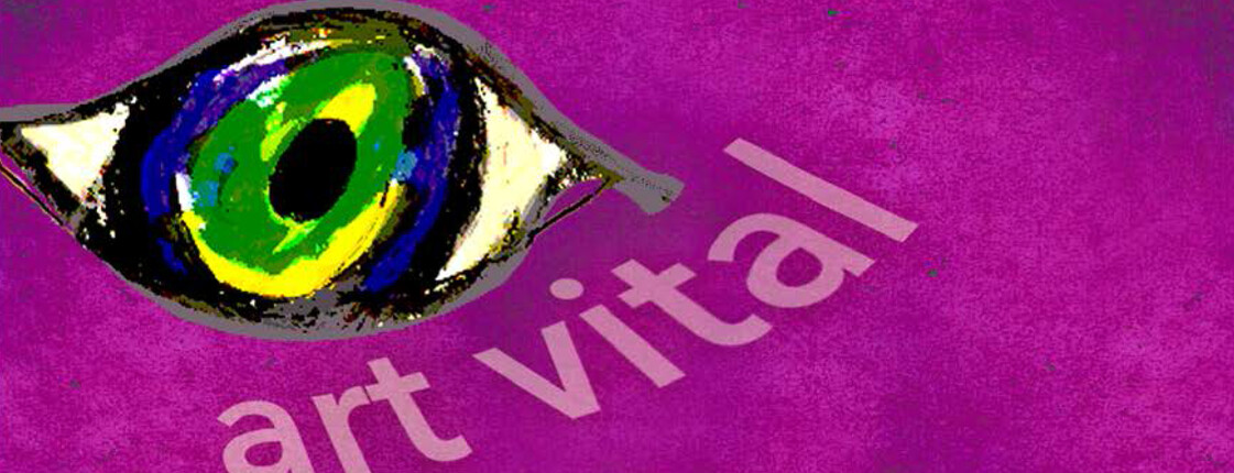 Gemaltes Auge auf lila Hintergrund unter dem: "art vital" steht.