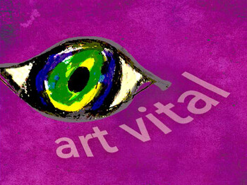 Gemaltes Auge auf lila Hintergrund unter dem: "art vital" steht.