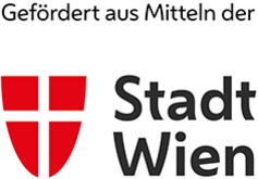 Schriftzug „Gefördert aus Mitteln der Stadt Wien“ mit dem roten Wappen und dem Logo der Stadt Wien.