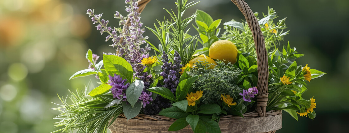 Korb mit frischen Kräutern, Lavendel und Zitronen auf einem Holztisch.