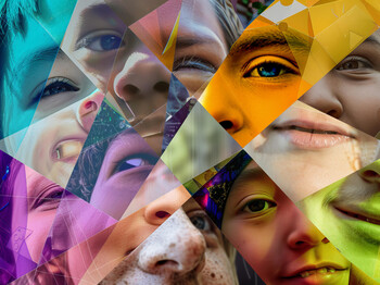 Abstrakte, farbenfrohe Collage aus geometrischen Formen mit Nahaufnahmen von Augen, Nasen und Gesichtern mehrerer Kinder in Blau-, Gelb-, Grün- und Violetttönen.
