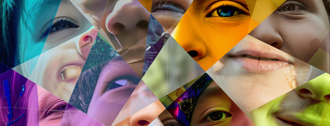 Abstrakte, farbenfrohe Collage aus geometrischen Formen mit Nahaufnahmen von Augen, Nasen und Gesichtern mehrerer Kinder in Blau-, Gelb-, Grün- und Violetttönen.