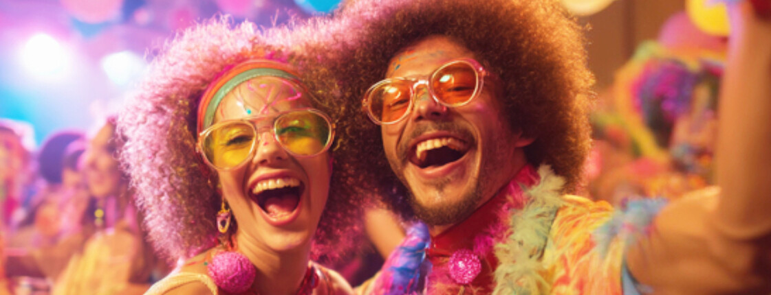 Ein Mann und ein Herr verkleidet als Hippies tanzen. Auf dem Bild zu lesen Charity-Faschings-Gschnas.